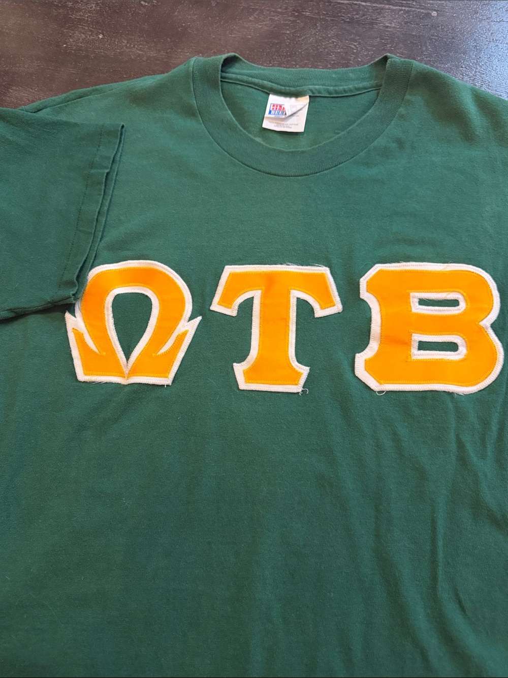 Hanes Green Short Sleeve T-Shirt with Yellow Greek Letters,